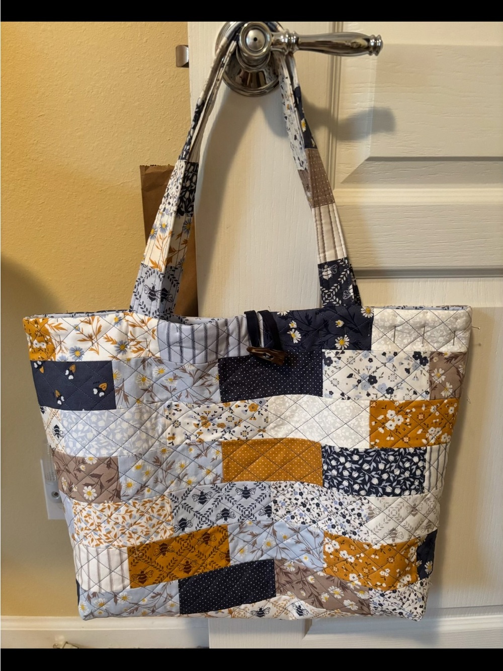 Patchwork Quilted Tote Bag with Bee Fabrics